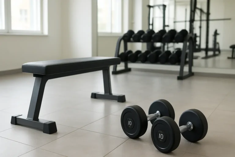 Haltères dans une salle de sport pour illustrer le lever front et l’élévation frontale haltère