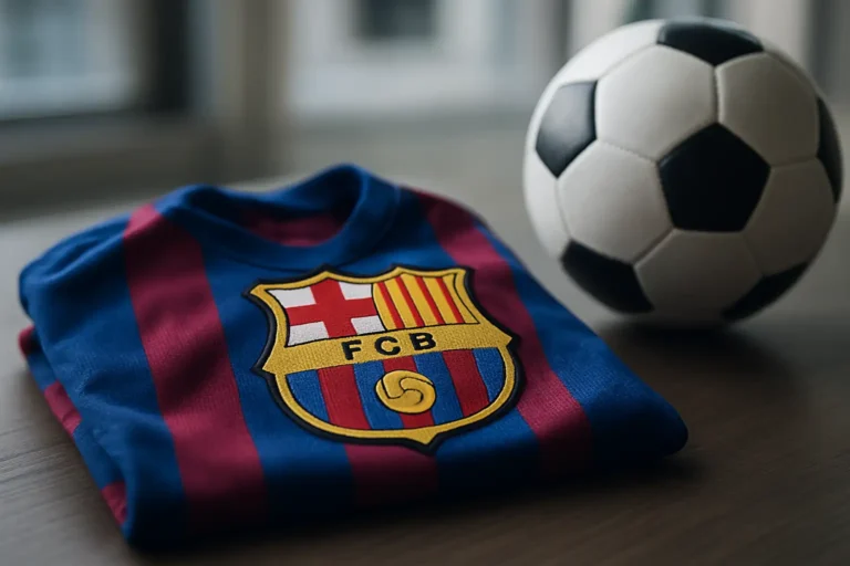 Blason du FC Barcelone posé sur un maillot de football bleu et grenat