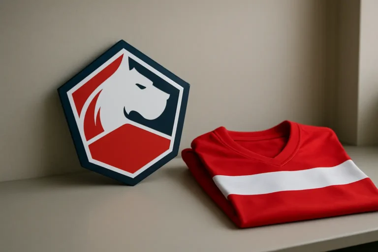 Emblème de club de football lillois et maillot rouge et blanc sur fond sobre