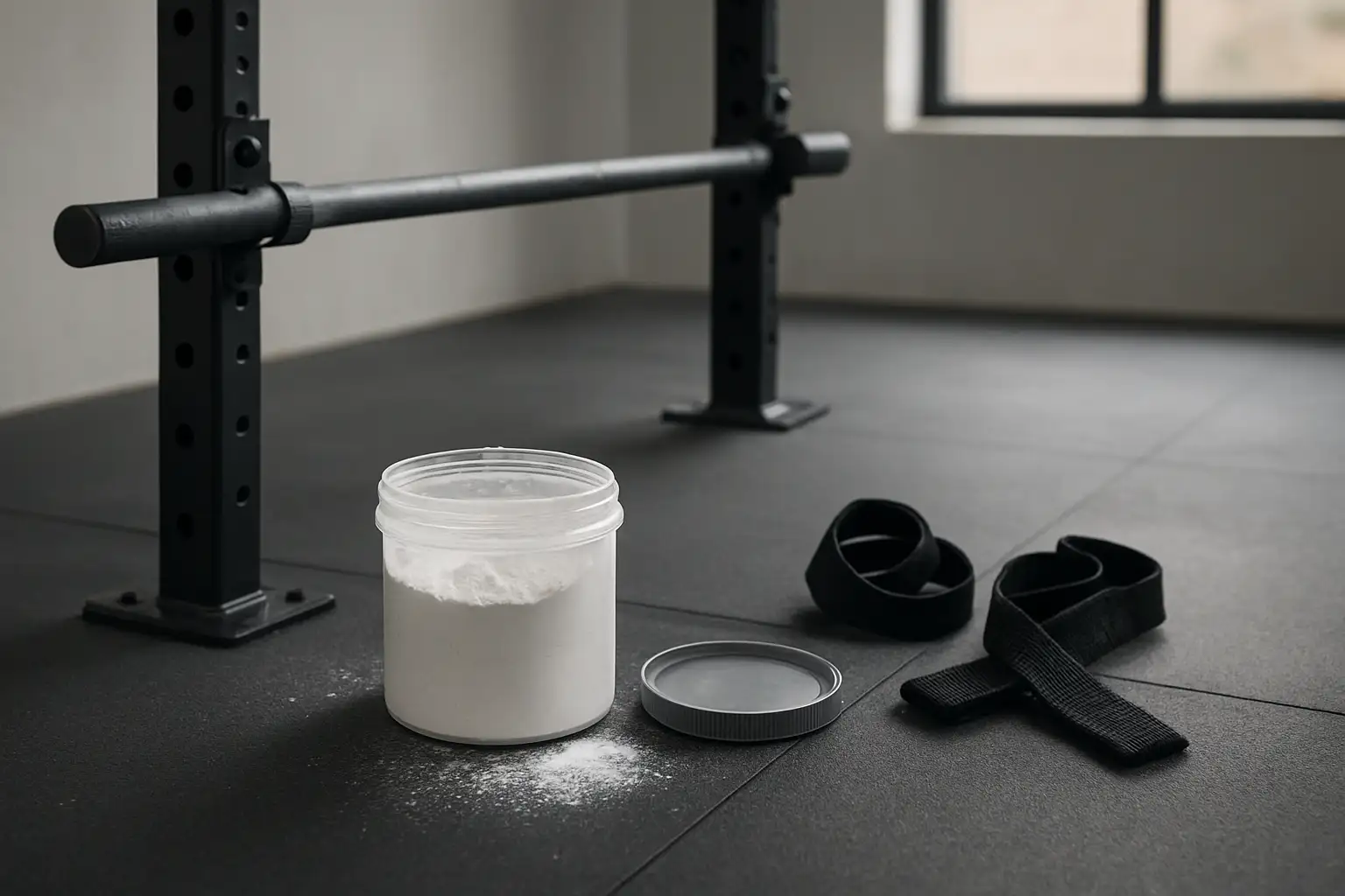 Pot de magnésie dans une salle de sport près d’une barre de traction