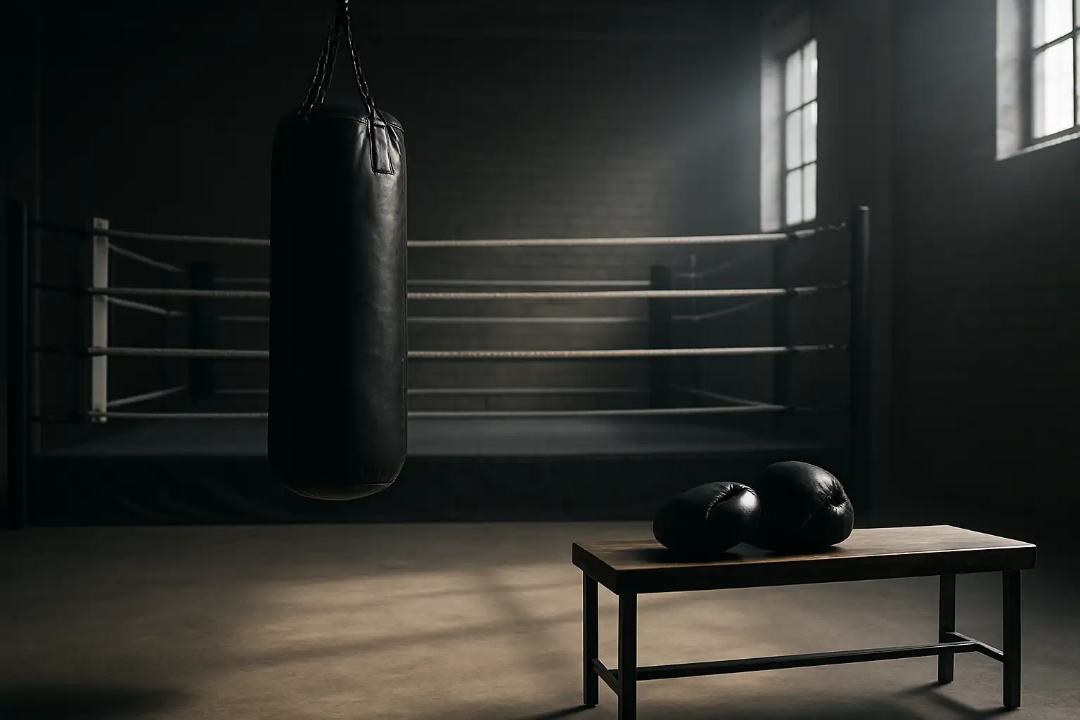 Salle de boxe moderne avec sac de frappe et gants, en lien avec Mike Tyson