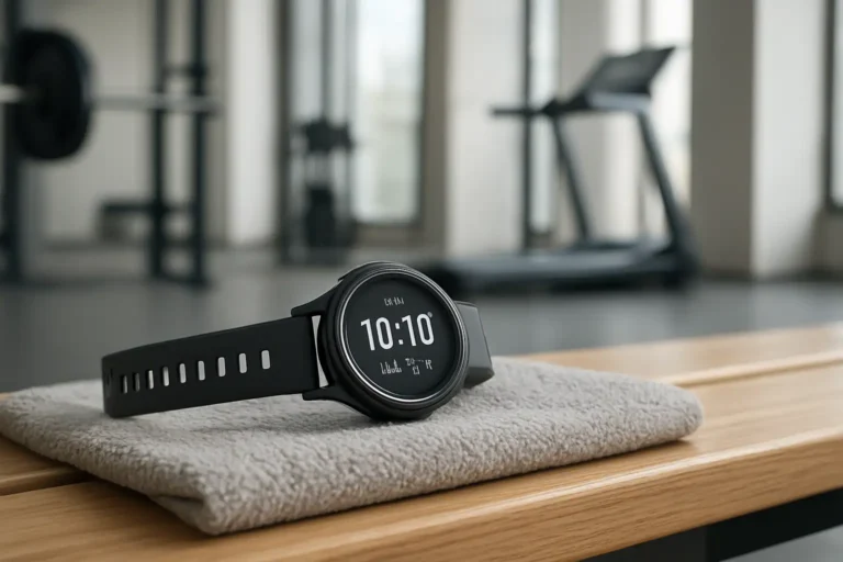 Montre femme sport posée dans un environnement de salle de sport moderne