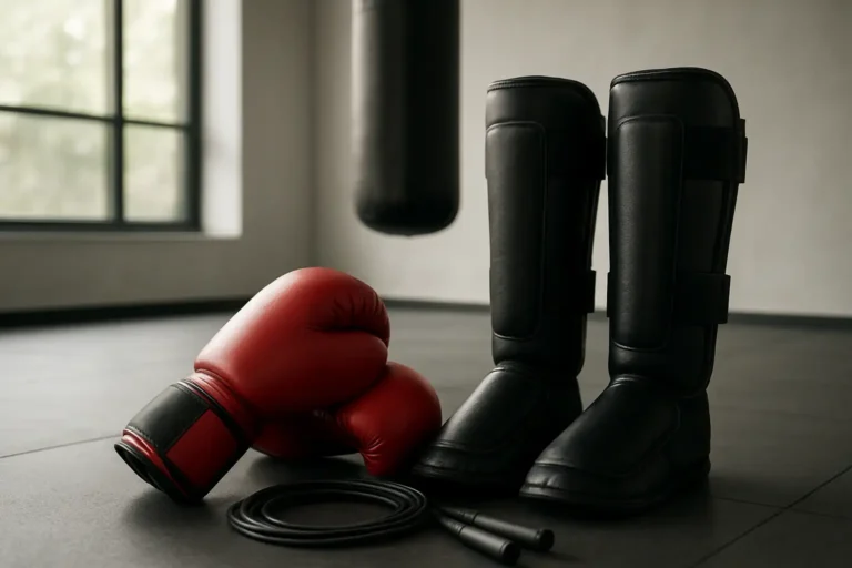 Équipement de muay thai dans une salle de sport avec gants, protège-tibias et sac de frappe