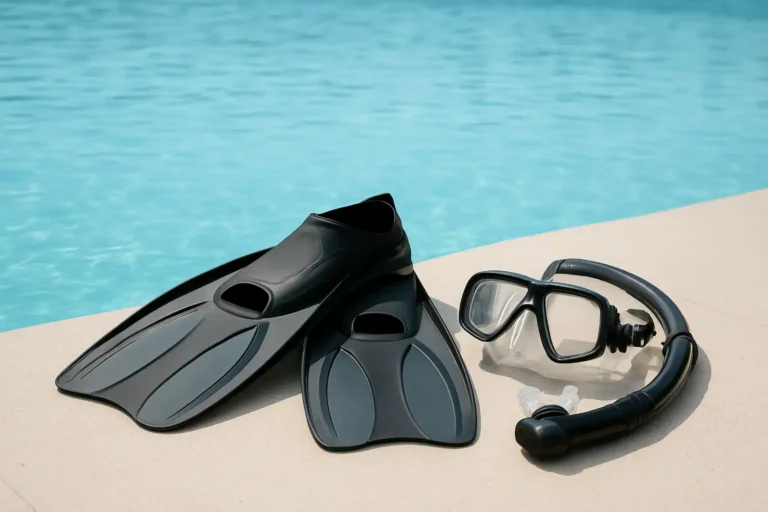 Palmes de natation et de snorkeling posées près de l’eau