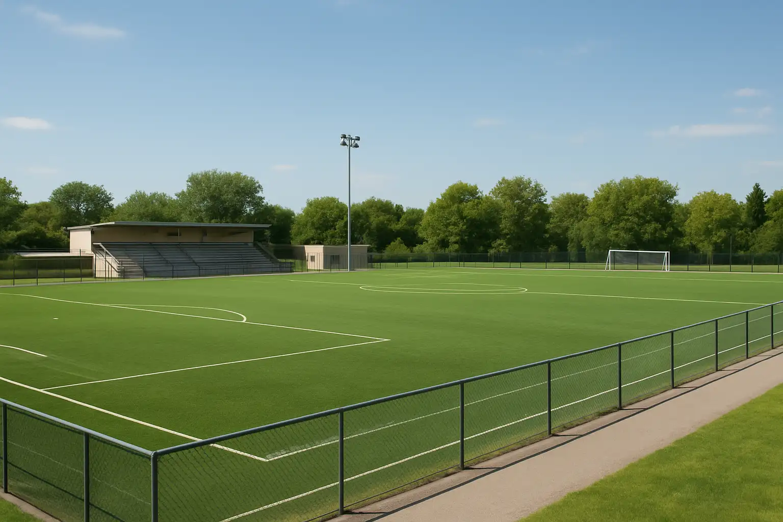 Vue réaliste du parc municipal des sports de Sucy-en-Brie avec un terrain de sport extérieur