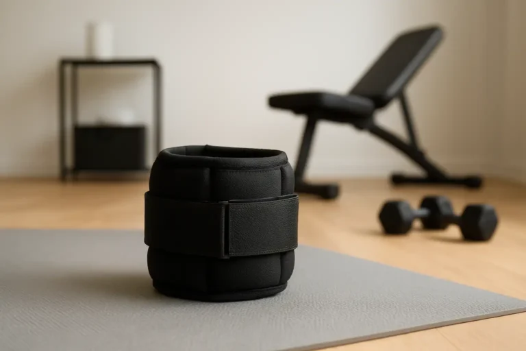 Poids cheville de sport posé sur un tapis d’entraînement dans un intérieur minimaliste