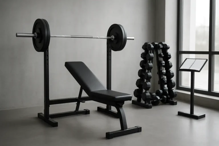 Salle de sport avec haltères, banc de musculation et carnet de suivi pour la prise de masse musculaire