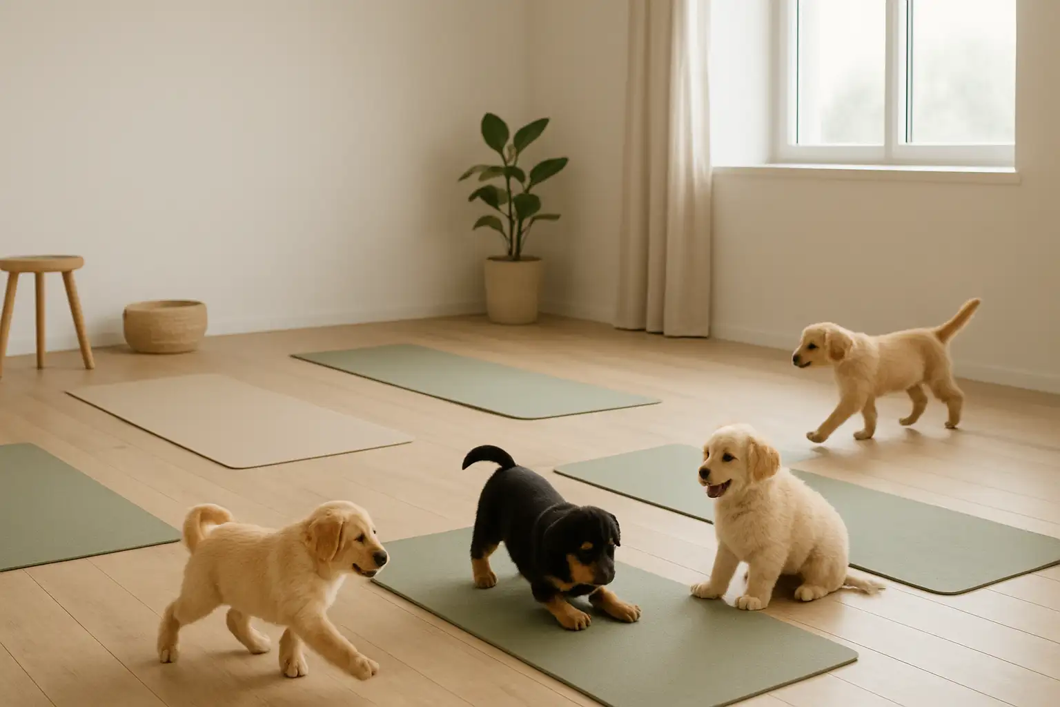 Séance de puppy yoga dans une salle calme avec des chiots près de tapis de yoga