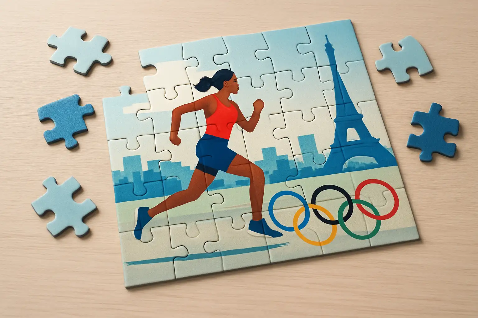 Puzzle sur le thème des JO 2024 partiellement assemblé sur une table