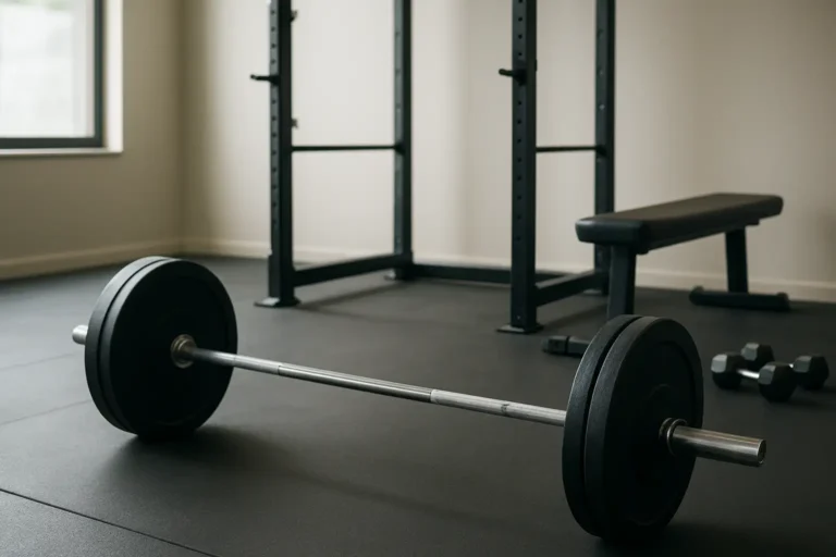 Salle de sport avec une barre prête pour un exercice de RDL en musculation