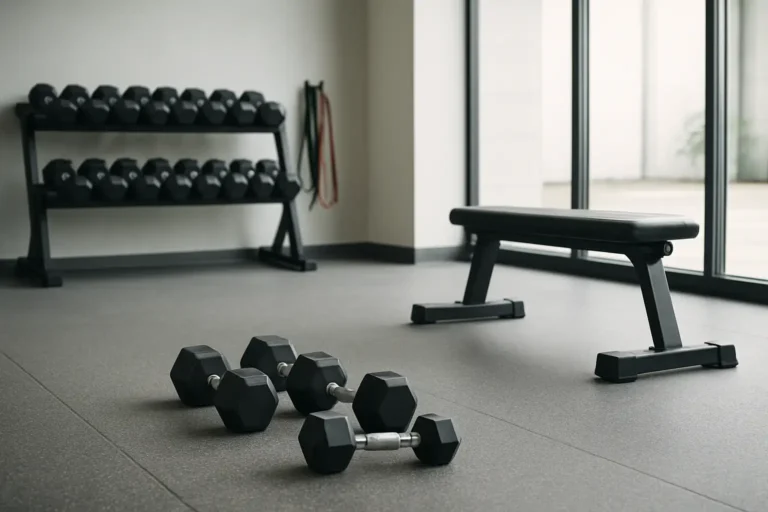 Salle de sport avec haltères, banc et élastiques pour illustrer le renforcement musculaire