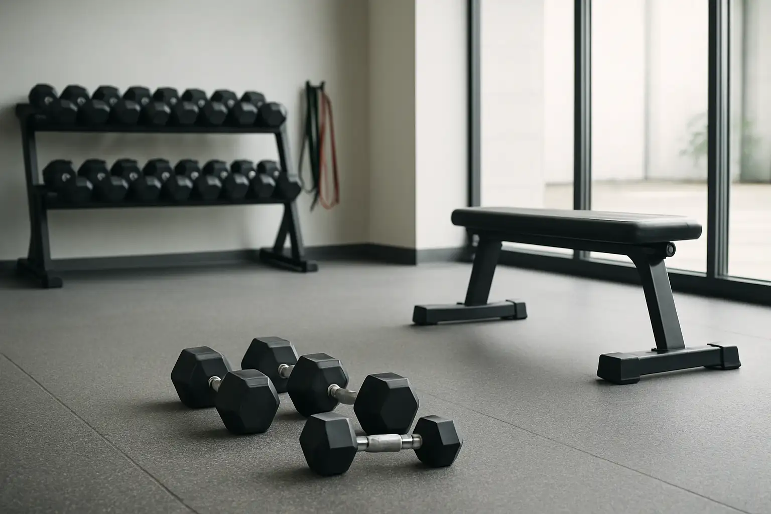 Salle de sport avec haltères, banc et élastiques pour illustrer le renforcement musculaire