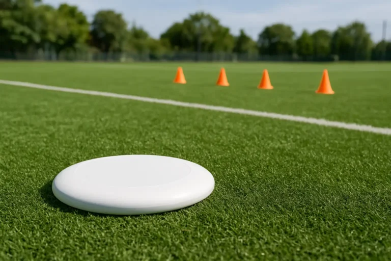 Disque d’ultimate posé sur un terrain de sport pour illustrer un sport en U