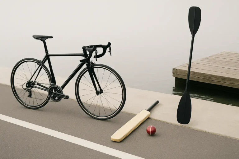 Illustration réaliste de sports en C avec vélo, matériel de cricket et pagaie de canoë-kayak