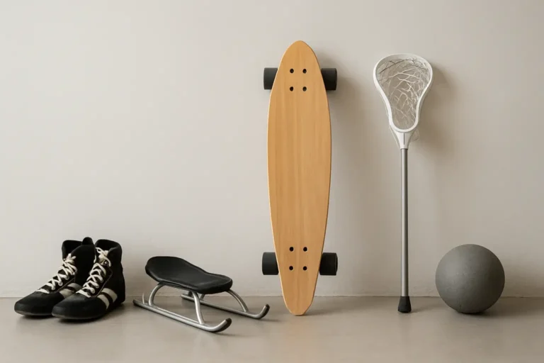 Composition réaliste avec des équipements de sports en L comme une luge, un longboard, une crosse de lacrosse et du matériel de lutte