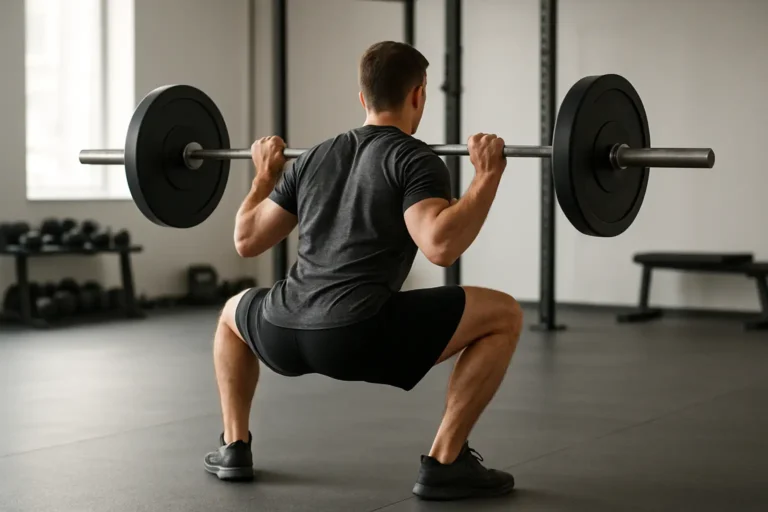 Personne réalisant un squat sumo dans une salle de sport moderne