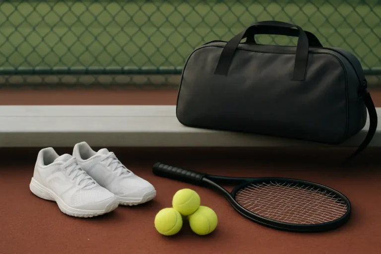 Équipement de tennis posé près d’un court, avec raquette, balles et chaussures