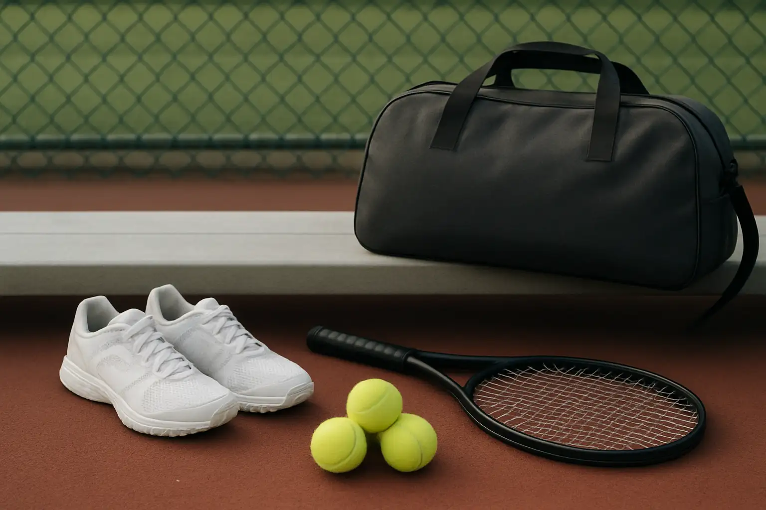 Équipement de tennis posé près d’un court, avec raquette, balles et chaussures