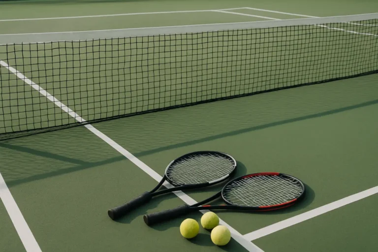 Court de tennis vide avec filet, raquettes et balles pour illustrer le règlement du tennis