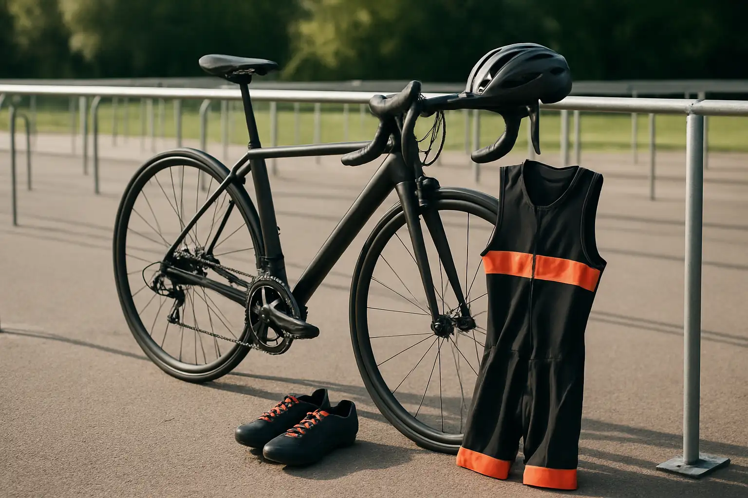 Équipement prêt pour un triathlon S avec vélo, casque et chaussures de course dans un parc à vélo