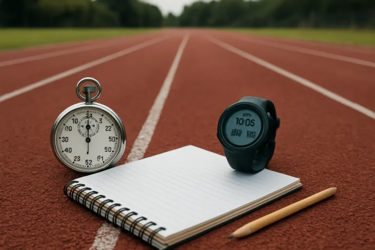 Illustration réaliste du calcul de vitesse avec chronomètre et piste sportive