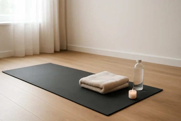 Tapis de yoga dans une pièce calme, illustrant la pratique du yoga nue dans un cadre privé