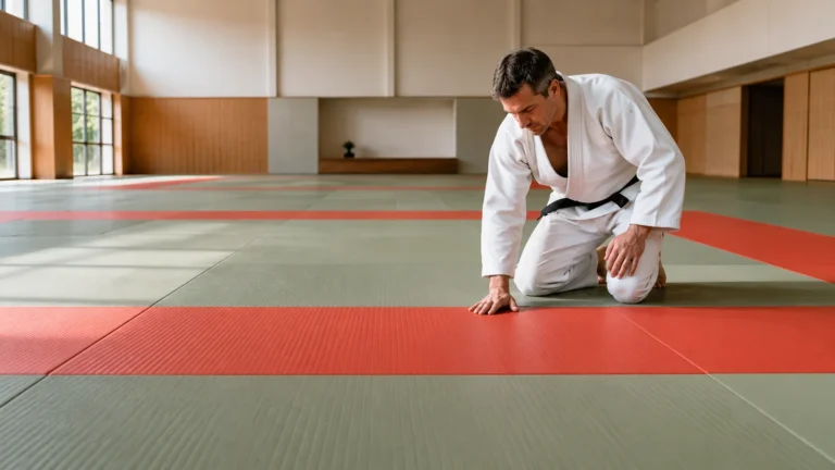 Judoka en kimono blanc agenouillé dans un dojo lumineux, inspectant un tatami rouge et vert avant l’entraînement.
