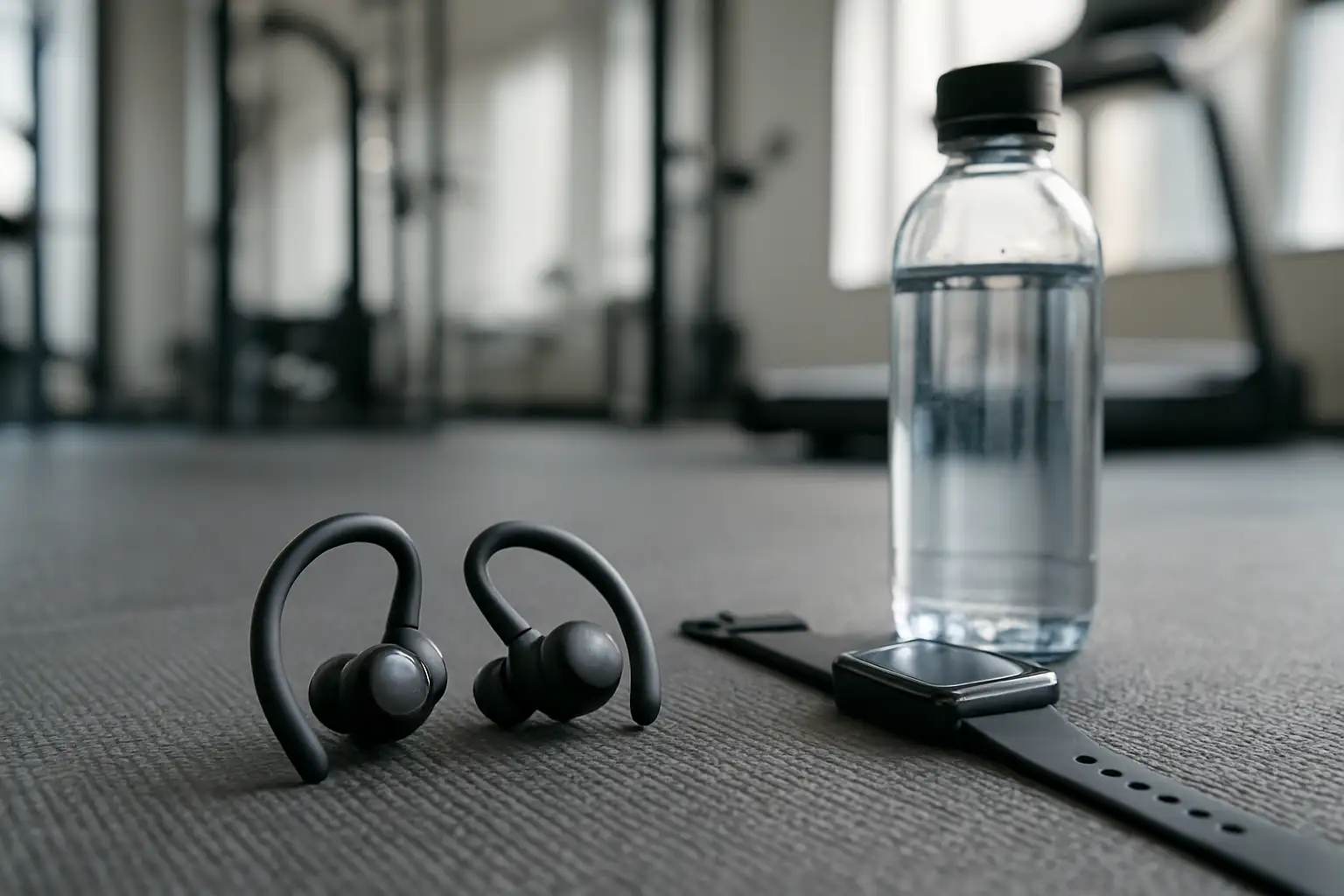 Écouteurs Bluetooth sport sans fil posés près d’un tapis de sport et d’une montre connectée