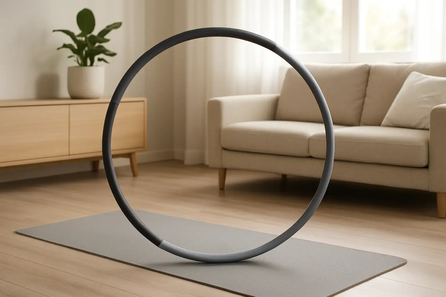 Un cerceau fitness posé dans un salon lumineux avec un tapis de sport à proximité