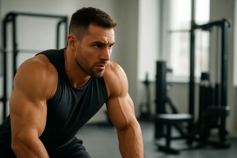 Sportif en salle de musculation avec épaules développées et silhouette compacte