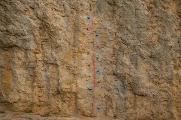 Voie d’escalade sportive sur falaise naturelle avec prises et dégaines