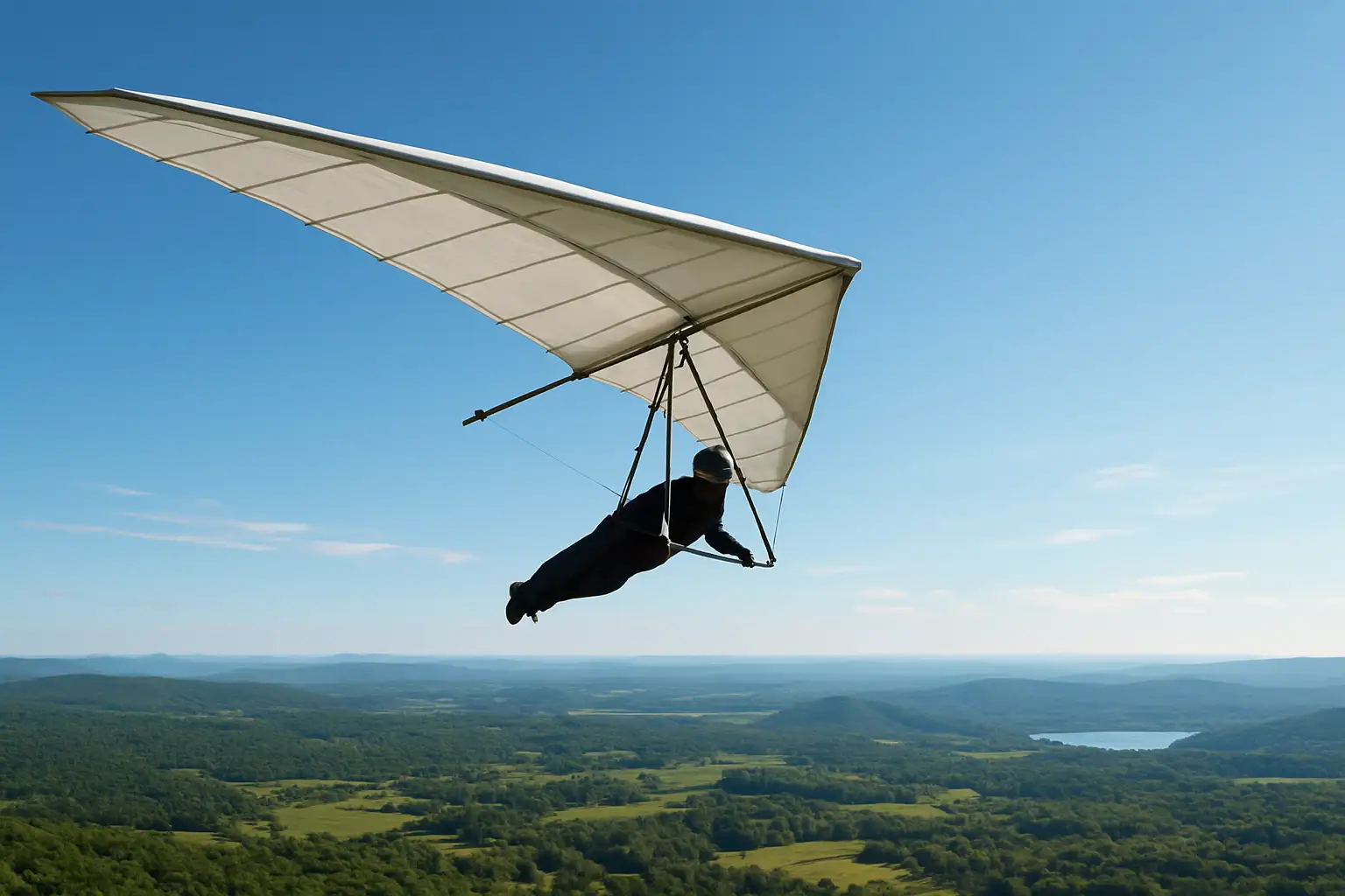 Delta plane en vol au-dessus d’un paysage naturel