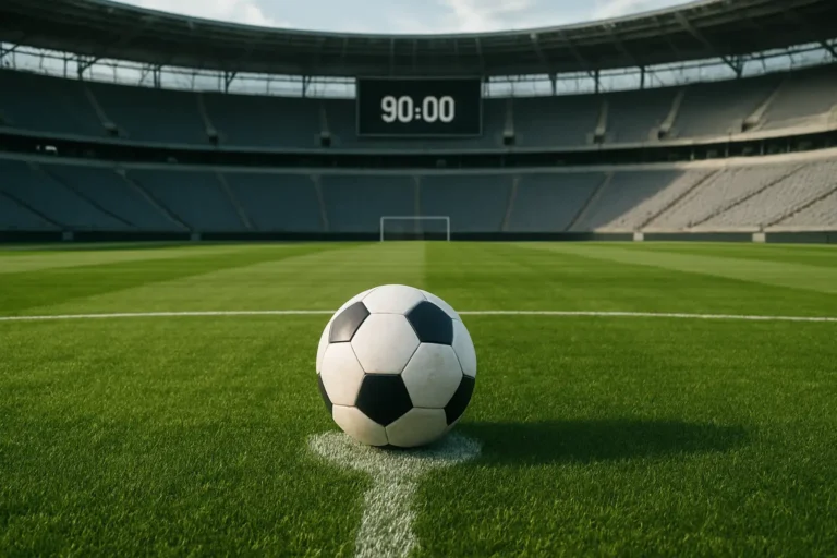 Terrain de football avec ballon au centre et tableau d’affichage en arrière-plan