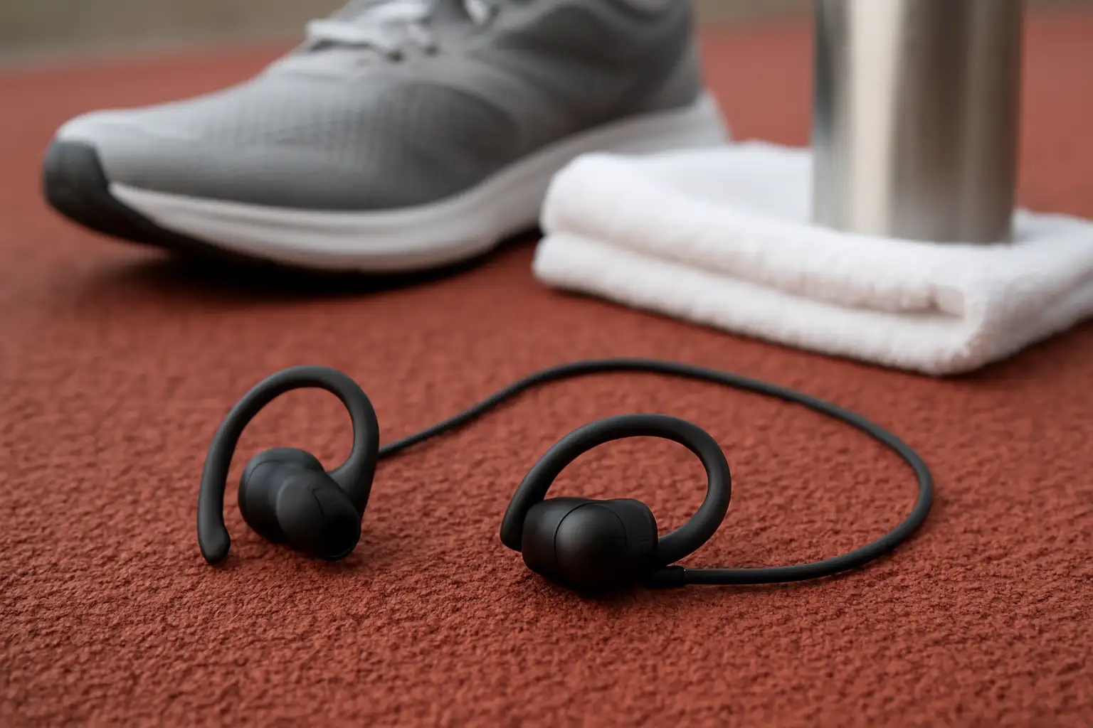 Écouteurs running sans fil posés avec une chaussure de course et des accessoires de sport