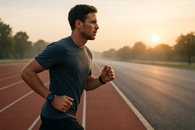 Coureur en tenue de sport préparant un entraînement semi marathon sur une piste