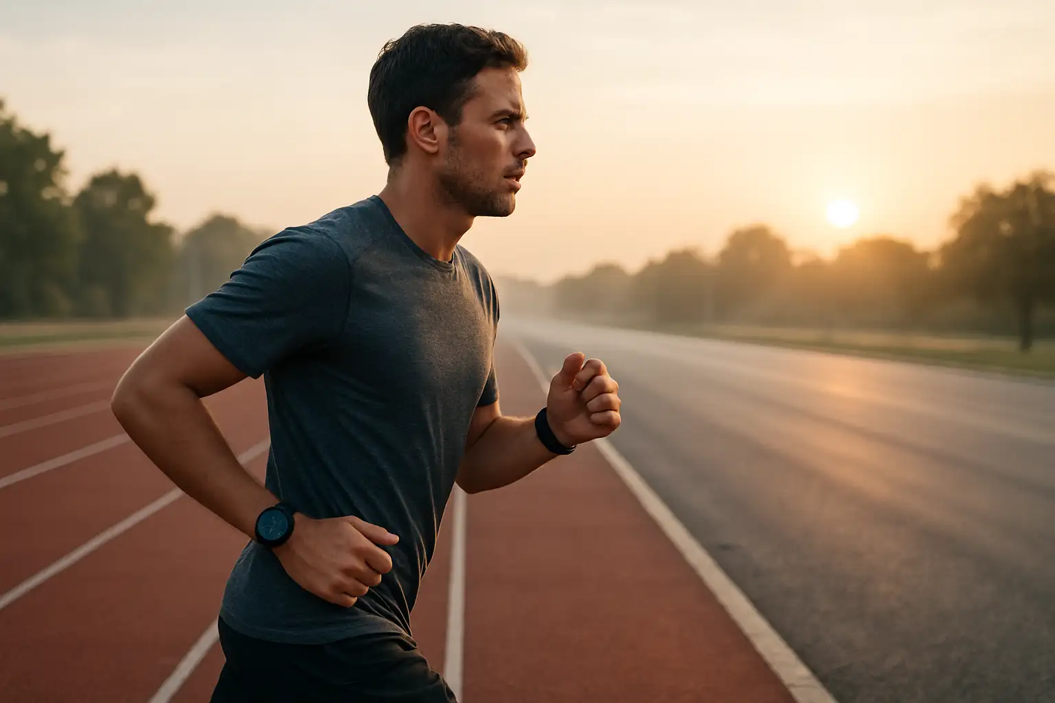 Coureur en tenue de sport préparant un entraînement semi marathon sur une piste