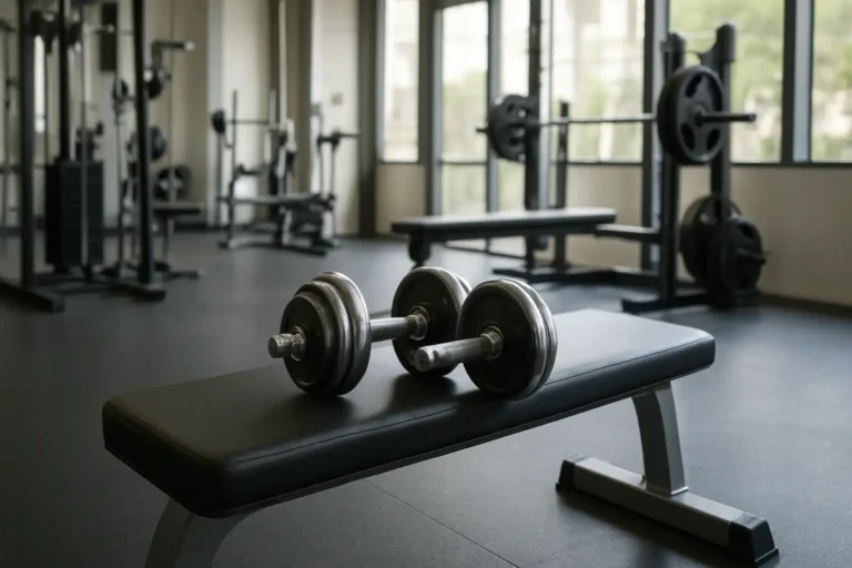 Une paire d’haltères posée sur un banc de musculation dans une salle moderne