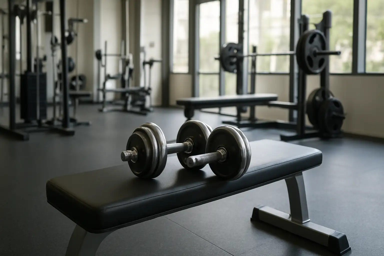 Une paire d’haltères posée sur un banc de musculation dans une salle moderne