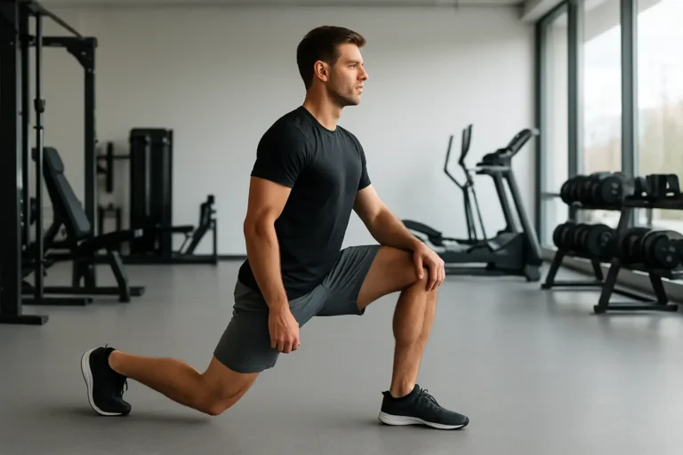 Personne réalisant des fentes avant dans une salle de sport moderne