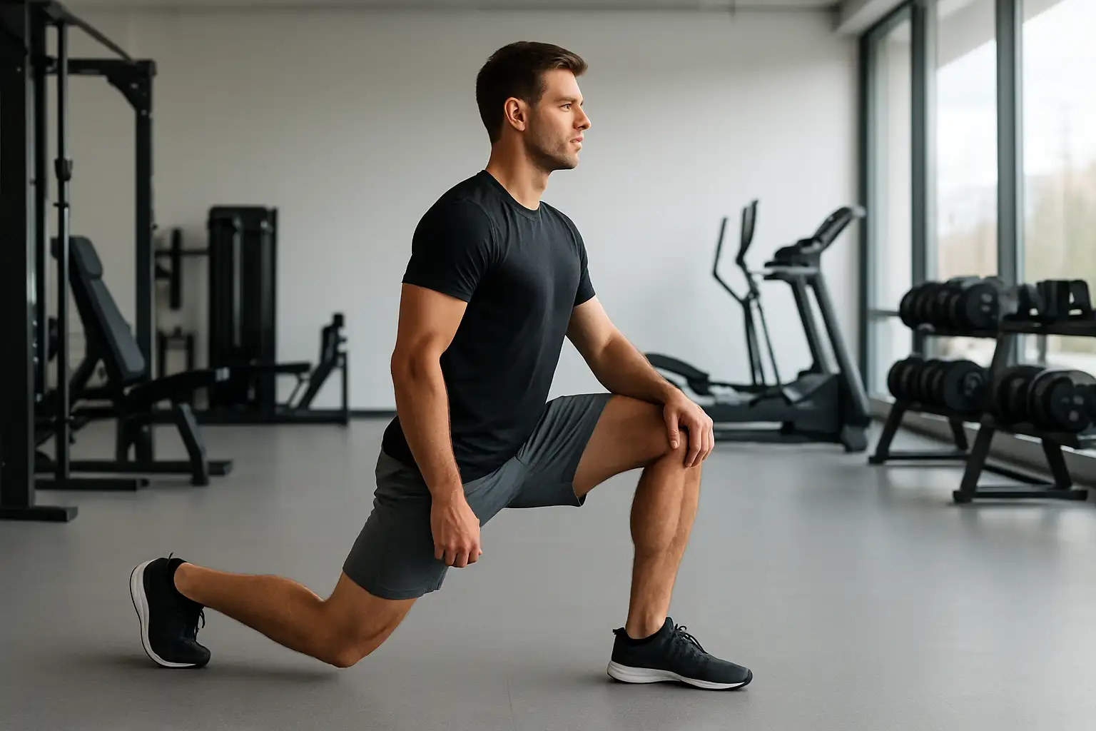 Personne réalisant des fentes avant dans une salle de sport moderne
