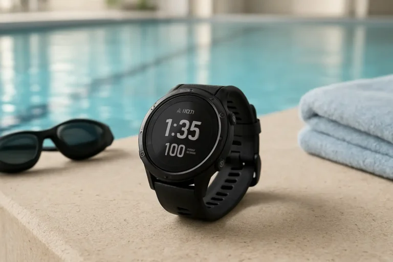 Montre Garmin Swim 2 posée au bord d’une piscine, avec accessoires de natation.