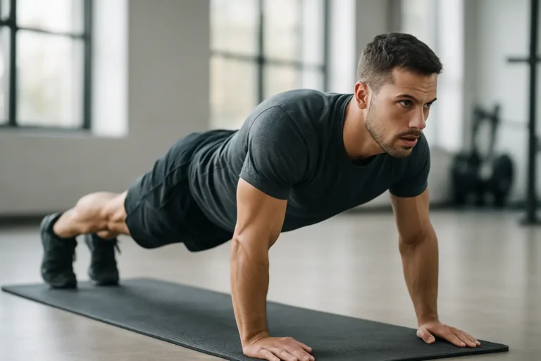 Sportif réalisant une planche isométrique dans une salle de sport moderne