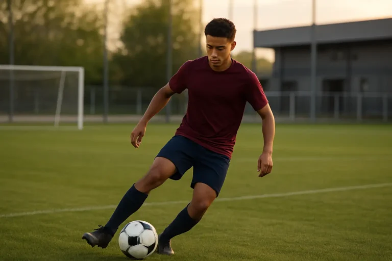 Jeune joueur de foot français s’entraînant sur un terrain de football
