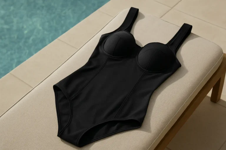 Maillot de bain femme pour forte poitrine avec bretelles larges et bonnets structurés près d’une piscine