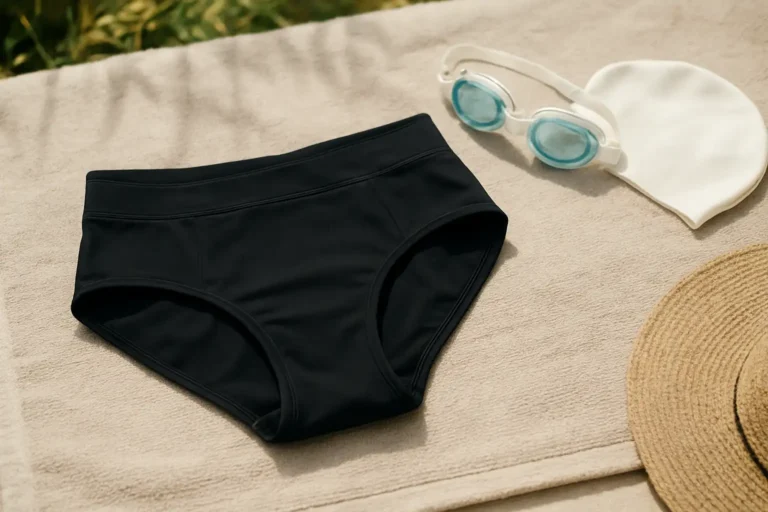Maillot de bain menstruel posé sur une serviette de plage, prêt pour la baignade pendant les règles