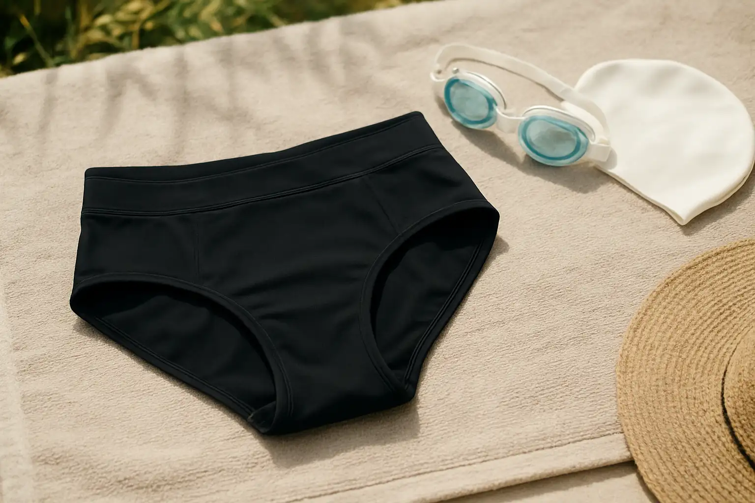 Maillot de bain menstruel posé sur une serviette de plage, prêt pour la baignade pendant les règles