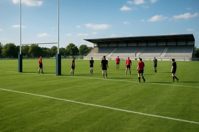 Terrain de rugby avec des jeunes joueurs U20 avant un match