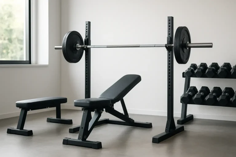 Salle de musculation avec banc, barre chargée et haltères pour un programme de prise de masse