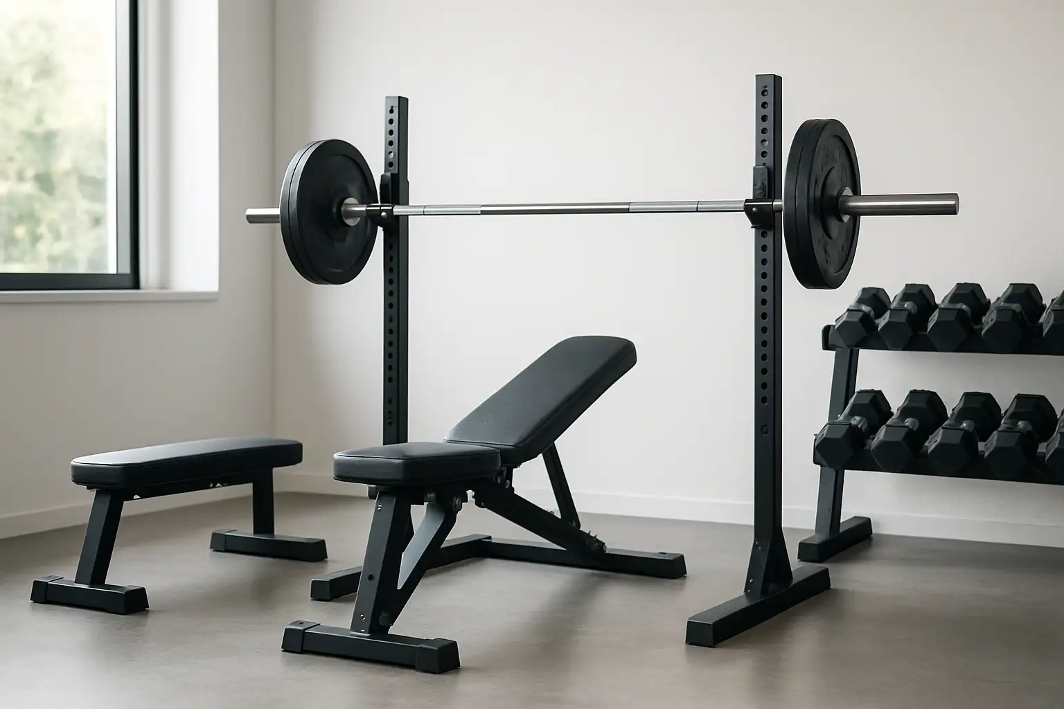 Salle de musculation avec banc, barre chargée et haltères pour un programme de prise de masse