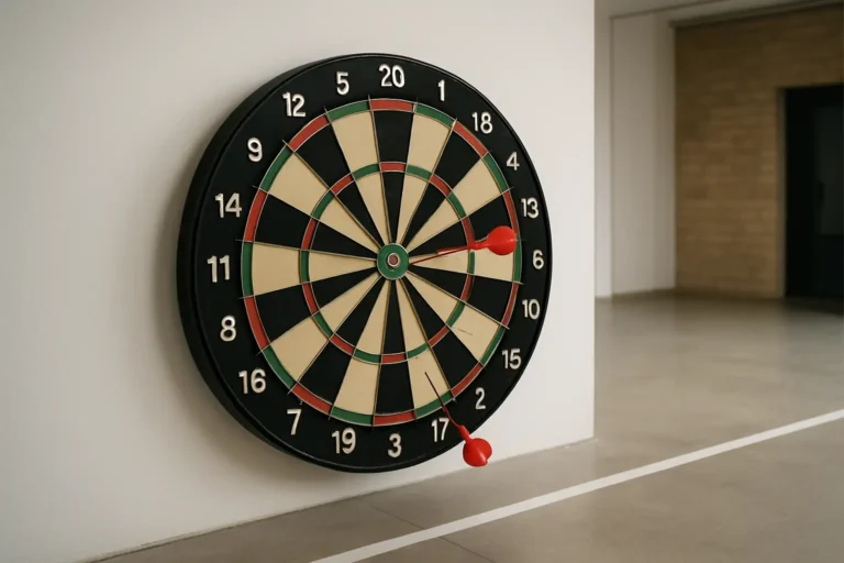 Cible de fléchettes classique avec fléchettes plantées dans une salle de jeu